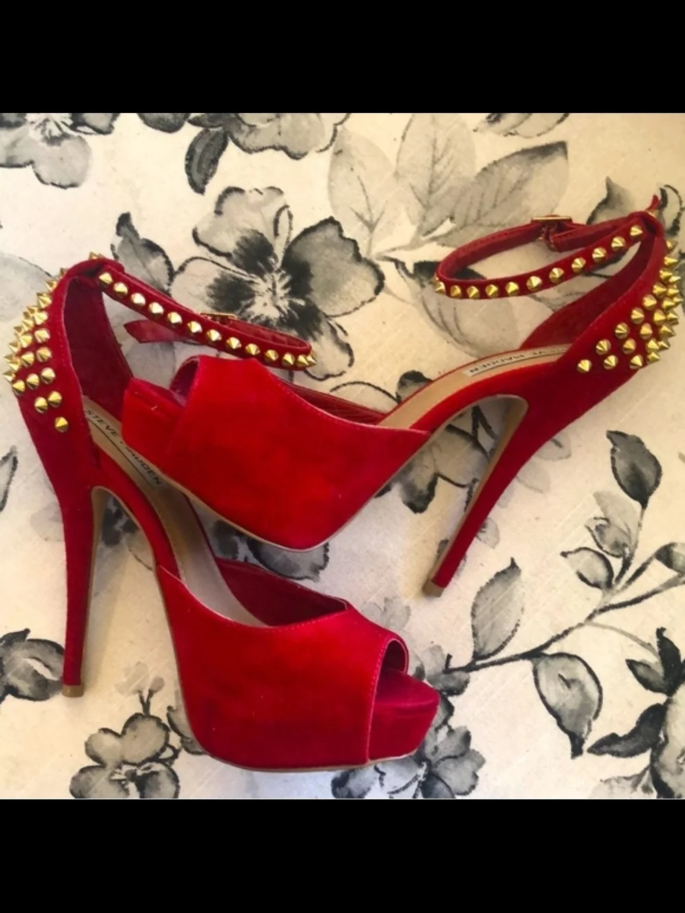 Steve Madden Red Suede Studded Platform Peep-Toe Heels